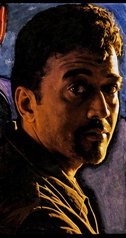 Painted portrait of a singer glancing over his shoulder under a night sky