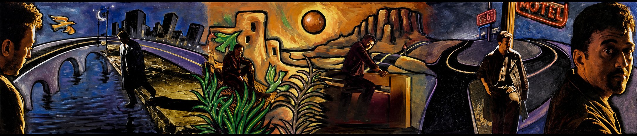 A painted panorama: a man walks from a night-time city bridge, through desert adobe country and an amber mesa, to a Route 66 motel at night